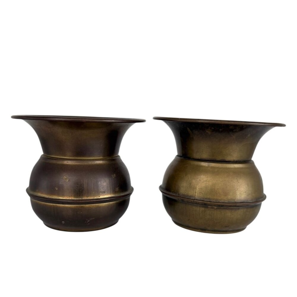 Vintage Brass Small Spittoons Cuspidors Candle Plant Vase Pot Rustic Set of 2